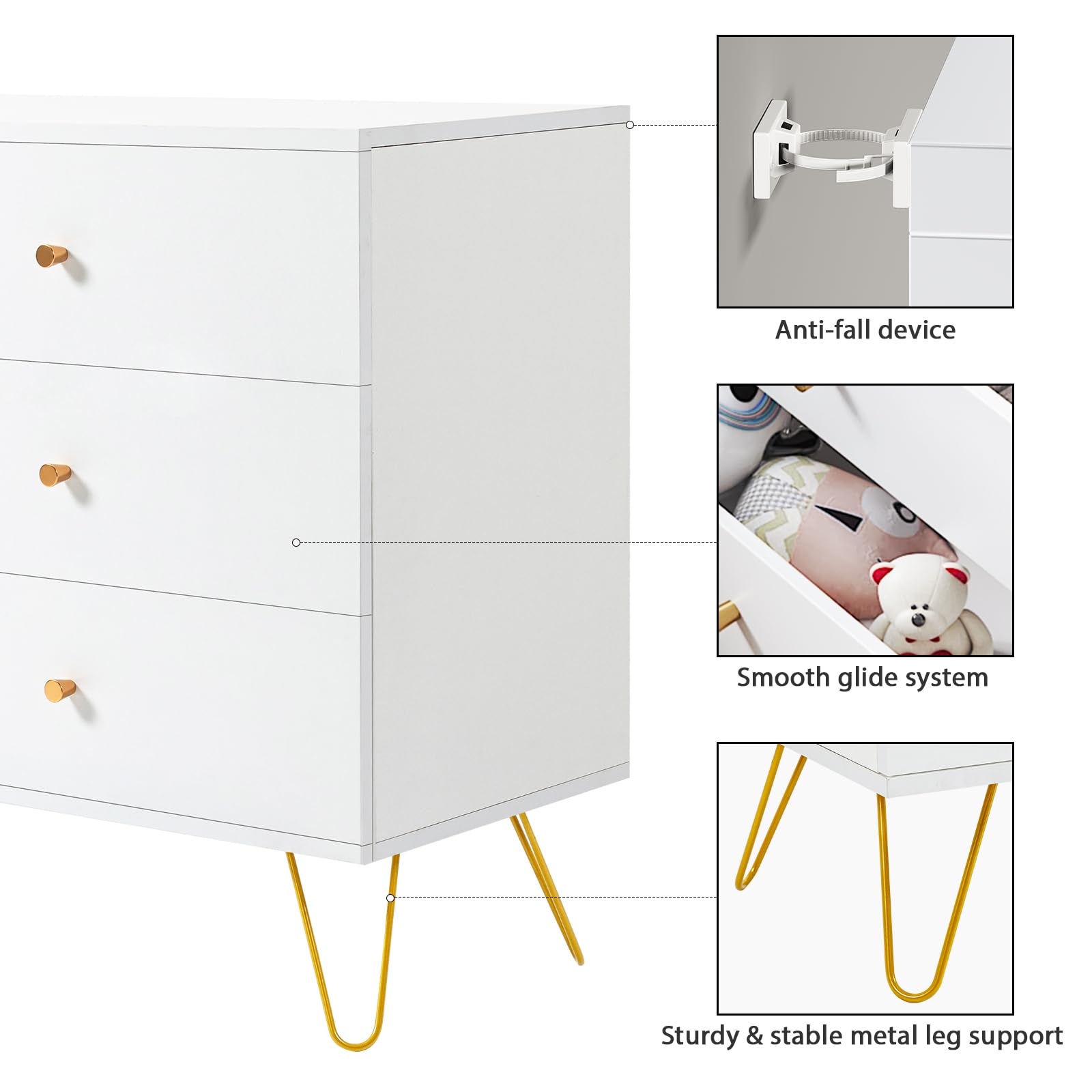 REHOOPEX White Dresser for Bedroom with 6 Drawers, Modern Wood 6 Drawer Dresser with Black Knobs, Chest of Drawers for Nursery, Kids Bedroom, Living Room, Closet, Entryway (White)