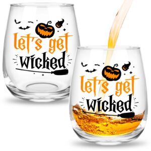 2 pack halloween stemless wine glasses 15 oz pumpkin drinking wine glass cups let's get wicked wine glass tumbler for halloween party whiskey cocktail tea water juice (let's get wicked)