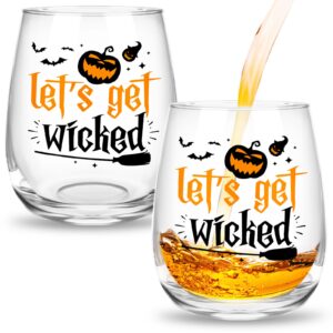 2 Pack Halloween Stemless Wine Glasses 15 Oz Pumpkin Drinking Wine Glass Cups Let's Get Wicked Wine Glass Tumbler for Halloween Party Whiskey Cocktail Tea Water Juice (LET'S GET WICKED)