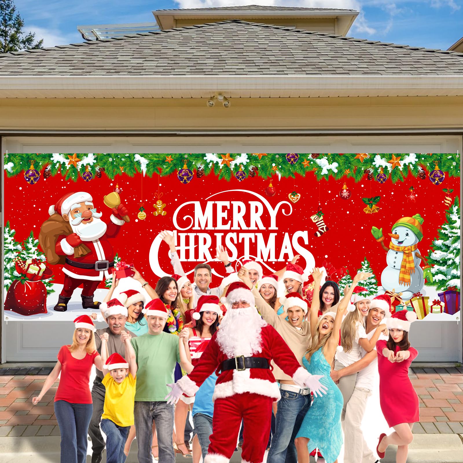 Arosche Extra Large Christmas Garage Door Cover 6 * 16Ft Christmas Garage Door Decorations Xmas Santa Claus Snowman Background Party Supplies for Garage Door Cover, Phoyography, Party Decor