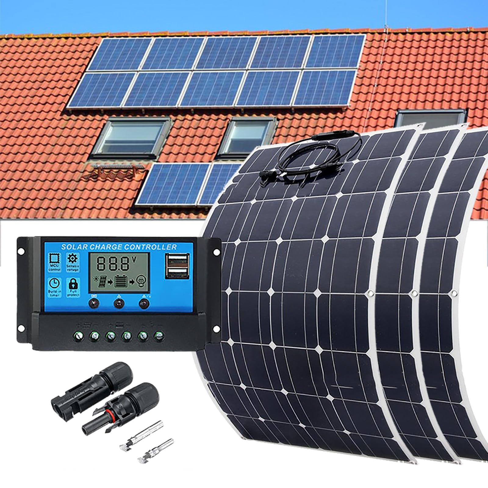 Flexible Solar Panel (100w/200w/300w/400w), 30a Controller +Dual Usb, High-Efficiency Module Pv, For Homes Camping Rv Battery Boat Caravan Off Grid,300W