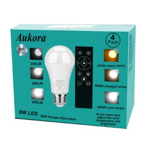 aukora led light bulbs, floor lamp replacement bulbs indoor, remote control stepless regulation color temperature (2700k-6000k) ＆ lumen (80lm-800lm), 9w e26 a19 ul listed dimmable light bulbs 4 pack