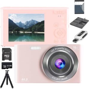 edealz 44mp digital camera compact point & shoot camera, 16x zoom, 32gb sd card, card reader 6" tripod and 6pc card holder kids camera 2.4" screen, vlogging camera for teens, kids, adults (pink)