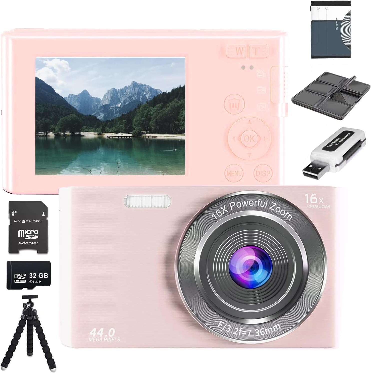 eDealz 44MP Digital Camera Compact Point & Shoot Camera, 16X Zoom, 32GB SD Card, Card Reader 6" Tripod and 6PC Card Holder Kids Camera 2.4" Screen, Vlogging Camera for Teens, Kids, Adults (Pink)