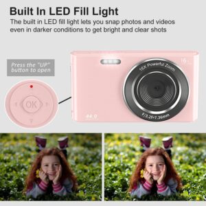 eDealz 44MP Digital Camera Compact Point & Shoot Camera, 16X Zoom, 32GB SD Card, Card Reader 6" Tripod and 6PC Card Holder Kids Camera 2.4" Screen, Vlogging Camera for Teens, Kids, Adults (Pink)