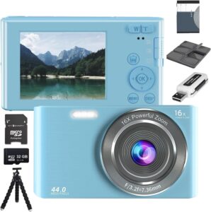 edealz 44mp digital camera compact point & shoot camera, 16x zoom, 32gb sd card, card reader 6" tripod and 6pc card holder kids camera 2.4" screen, vlogging camera for teens, kids, adults (blue)