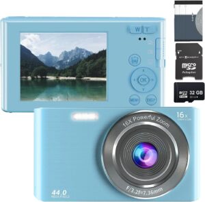 edealz 44mp digital camera compact point and shoot camera with 32gb sd card, 16x digital zoom, kids camera 2.4 inch screen, vlogging camera for teens students boys girls seniors (blue)
