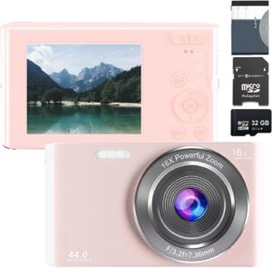 edealz 44mp digital camera compact point and shoot camera with 32gb sd card, 16x digital zoom, kids camera 2.4 inch screen, vlogging camera for teens students boys girls seniors (pink)