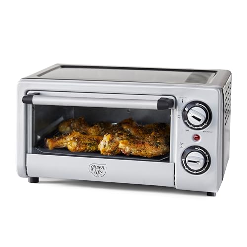 GreenLife Countertop Stainless Steel Toaster Oven Air Fryer, PFAS-Free, Ceramic Nonstick Tray Rack Airfry Basket, Dual Heating,4 Slice Capacity,Adjustable Temperature & Time Control,Black