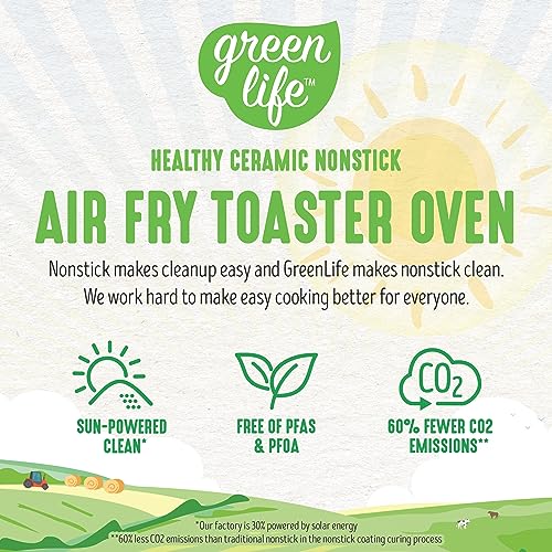 GreenLife Countertop Stainless Steel Toaster Oven Air Fryer, PFAS-Free, Ceramic Nonstick Tray Rack Airfry Basket, Dual Heating,4 Slice Capacity,Adjustable Temperature & Time Control,Black