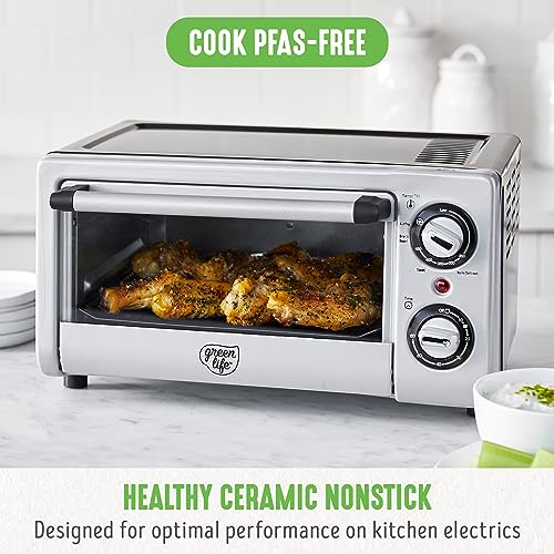 GreenLife Countertop Stainless Steel Toaster Oven Air Fryer, PFAS-Free, Ceramic Nonstick Tray Rack Airfry Basket, Dual Heating,4 Slice Capacity,Adjustable Temperature & Time Control,Black