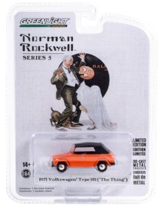 1971 thing (type 181) orange with black top trick or treat norman rockwell series 5 1/64 diecast model car by greenlight 54080e