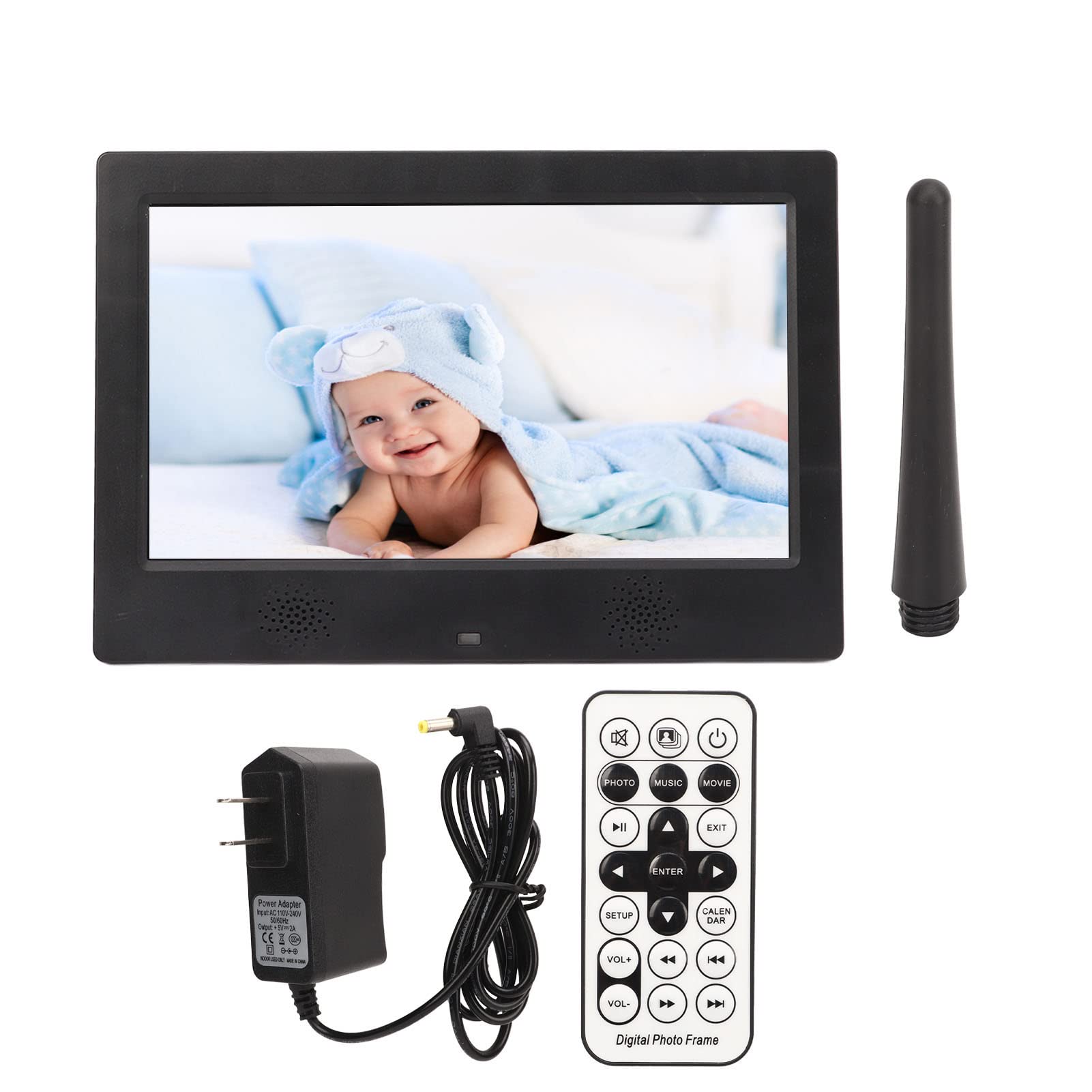 Smart Digital Photo Frame Adjustable Brightness Black Electronic Album Video Music Remote Control 100‑240V 10 Inch with Clock Calendar for Bedside Table (US Plug)