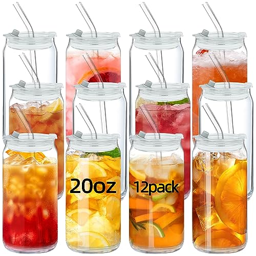 AiHeart Drinking Glasses with Lids and Glass Straws 12pcs Set,20oz Beer Can Shaped Glass Cups,Iced Coffee Glasses,Glass Tumbler,Cute Tumbler,Beer Mug,Cocktail Glasses for Whiskey,Soda,Water