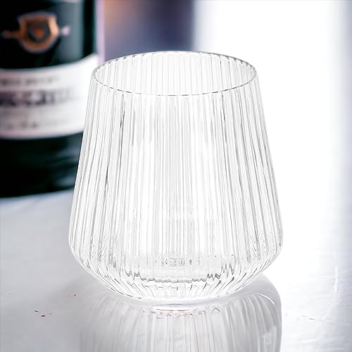 36 count origami ripple Unbreakable Stemless Plastic Wine Champagne Whiskey Glasses Elegant Durable Disposable Indoor Outdoor Ideal for Home, Office, Bars, Wedding, Ribbed 12 Ounce Cups (Clear)