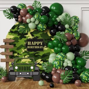 camouflage balloon garland arch kit for army party decorations,142pcs camo balloons dark green black brown balloons with palm leaves for military camo birthday party hunting camping game jungle themed