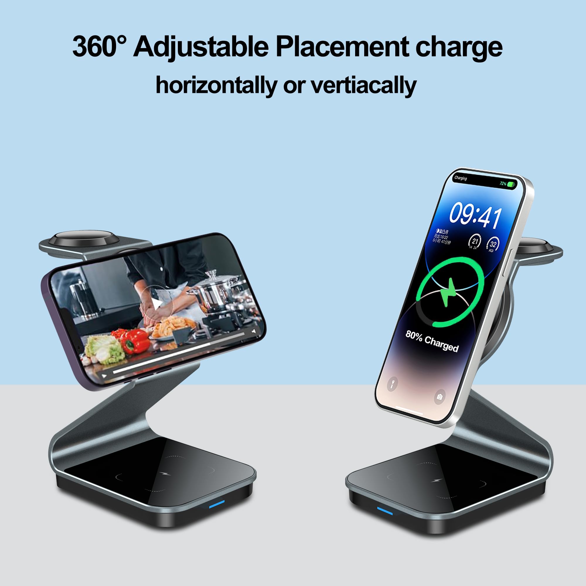 3 in 1 Magnetic Wireless Charger, with 20W USB-C Adapter, Yohczopu Charging Station Compatible with MagSafe Charger Stand for Apple iPhone 15 14 13 12 Plus Pro Max, iWatch 2-8, AirPods (Transparent)