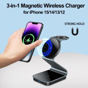 3 in 1 Magnetic Wireless Charger, with 20W USB-C Adapter, Yohczopu Charging Station Compatible with MagSafe Charger Stand for Apple iPhone 15 14 13 12 Plus Pro Max, iWatch 2-8, AirPods (Transparent)