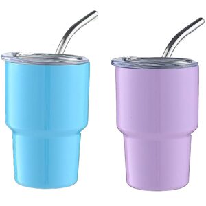 mini tumbler shot glass with straw, 2oz tumbler shot glasses, double wall vacuum sealed stainless steel insulated slim tumblers, mini travel coffee mug,for champaign,cocktail,beer party (blue+purple)