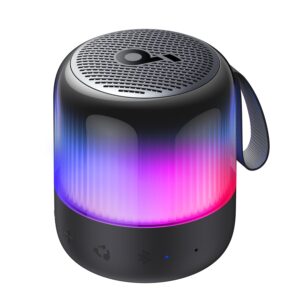 soundcore glow mini portable speaker, bluetooth speaker with 360° sound, light show, 12h battery, customizable eq and light, ip67 waterproof and dustproof, for camping, home, and beach parties
