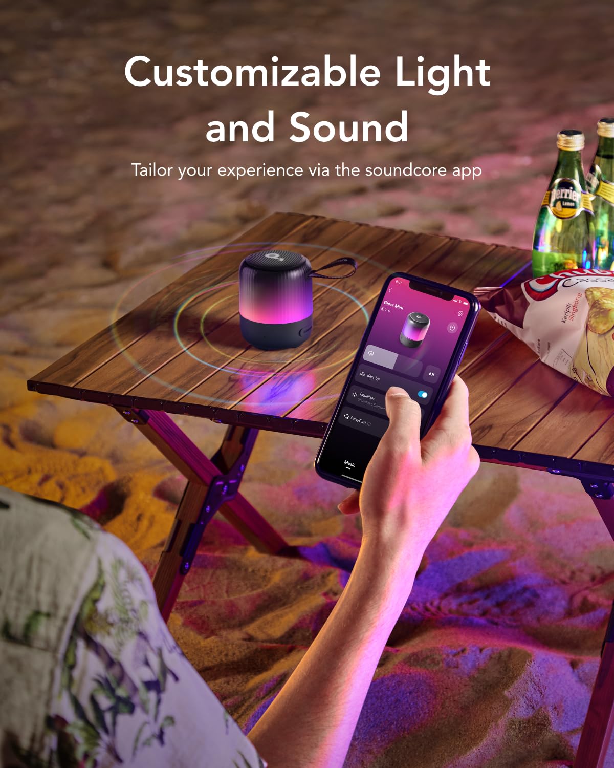 Soundcore Glow Mini Portable Speaker, Bluetooth Speaker with 360° Sound, Light Show, 12H Battery, Customizable EQ and Light, IP67 Waterproof and Dustproof, for Camping, Home, and Beach Parties