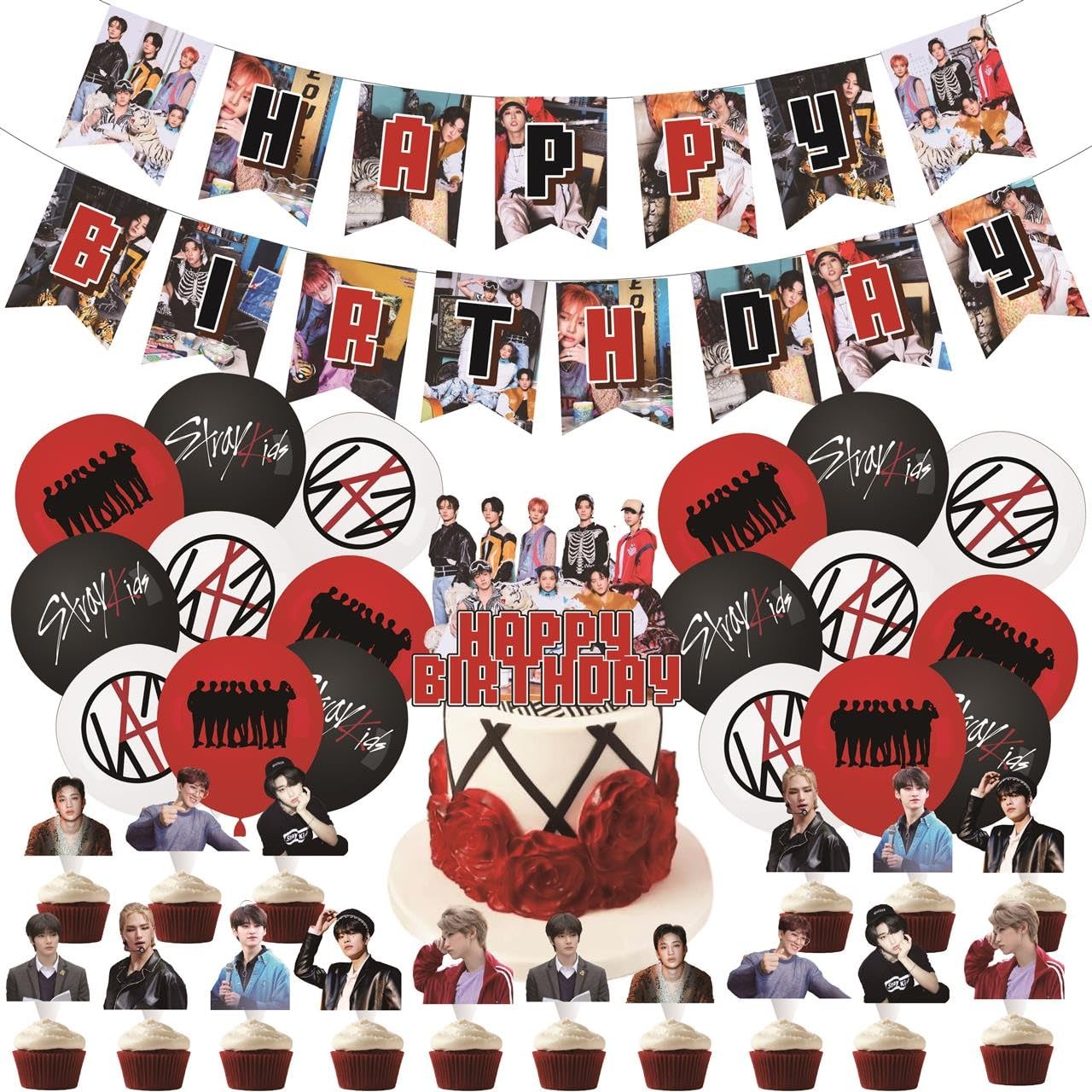 Stray Kids Merch 5 Star Party Decorations Include Happy Birthday Banners, Cake Toppers, Cupcake Toppers, Balloons