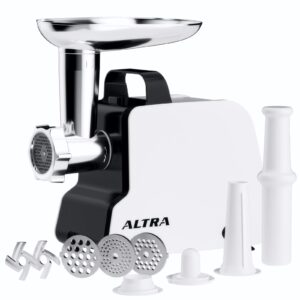 altra life meat grinder electric, sausage maker, meat mincer with hanlde, 2 stainless steel blades & 3 stainless steel grinding plates, sausage stuffer & kubbe kit for home kitchen use