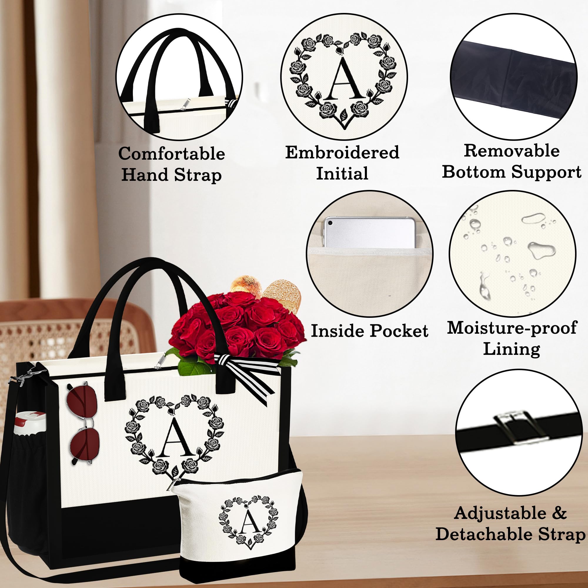 YOOLIFE Birthday Gifts for Wife Women, Monogram Initial Canvas Tote Bag Makeup Bag Mothers Day Gifts for Women Her Best Friend Sister Mom Wife Birthday Gifts Ideas Personalized Women Gifts S