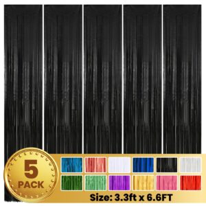 pabues 5 pack 3.3 x 6.6 ft black foil fringe backdrop curtain, streamer backdrop curtains, streamers birthday party decorations, fringe backdrop for graduation, baby shower, gender reveal