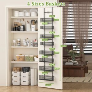 Over The Door Pantry Organizer 8-Tier Adjustable Tiers Hanging & Wall Mount Spice Rack,Metal Sheet Behind The Door Detachable Storage Shelf,8 Adjustable Baskets with 4 Sizes & Small Mesh for Kitchen