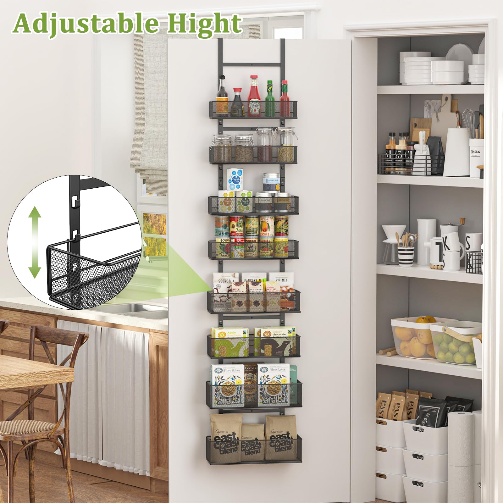 Over The Door Pantry Organizer 8-Tier Adjustable Tiers Hanging & Wall Mount Spice Rack,Metal Sheet Behind The Door Detachable Storage Shelf,8 Adjustable Baskets with 4 Sizes & Small Mesh for Kitchen