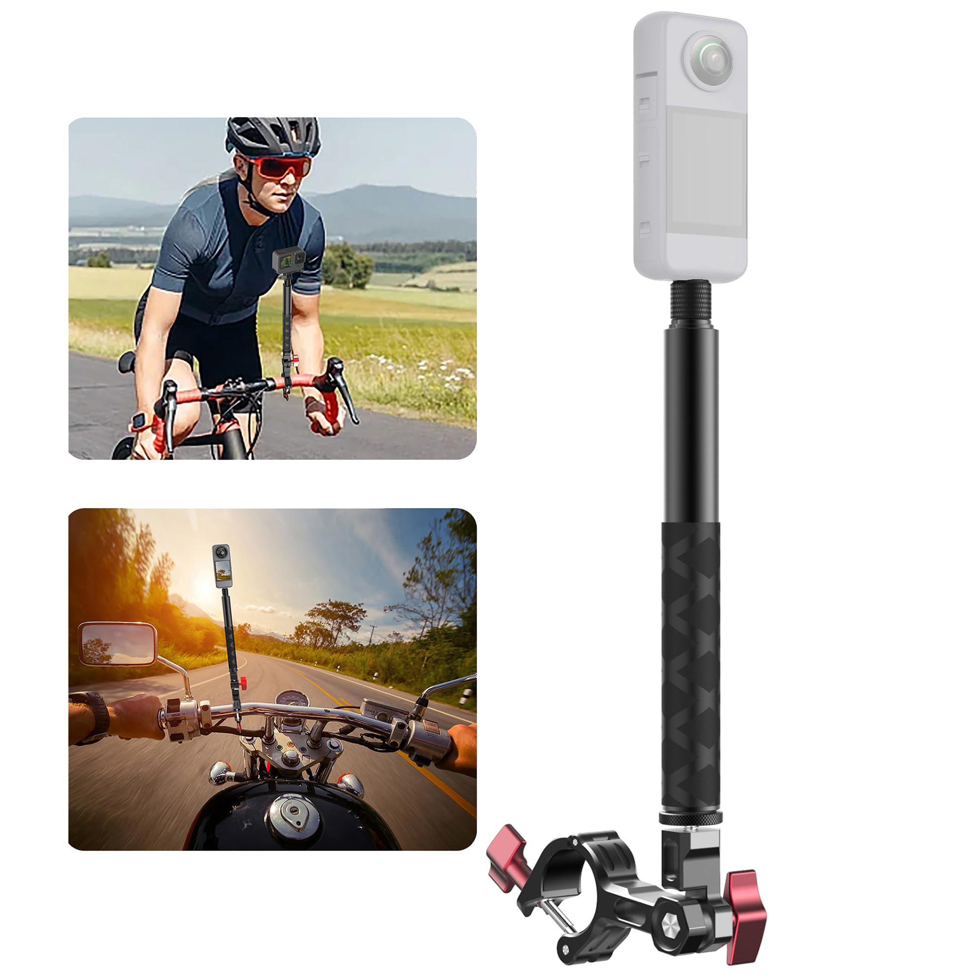 Motorcycle Bike Selfie Stick Handlebar Mount for Insta360,Motorcycle Clamp Mount Selfie Stick for Insta360 X4 X3 X2 X ONE RS R,GoPro,Perfect for Cycling Videos,Third-Person Bike Handlebar Mount Camera