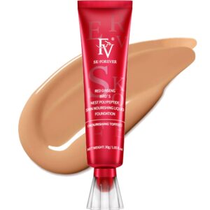 fv waterproof liquid foundation, dewy finish long lasting lightweight medium coverage face makeup for normal & dry skin, cruelty free, nourishing toffee