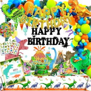 115pcs dinosaur birthday party decorations supplies boy, dinosaur cake topper,dinosaur balloons kit,dinosaur cupcake toppers backdrop for dinosaur party decorations favors, dino themed birthday party