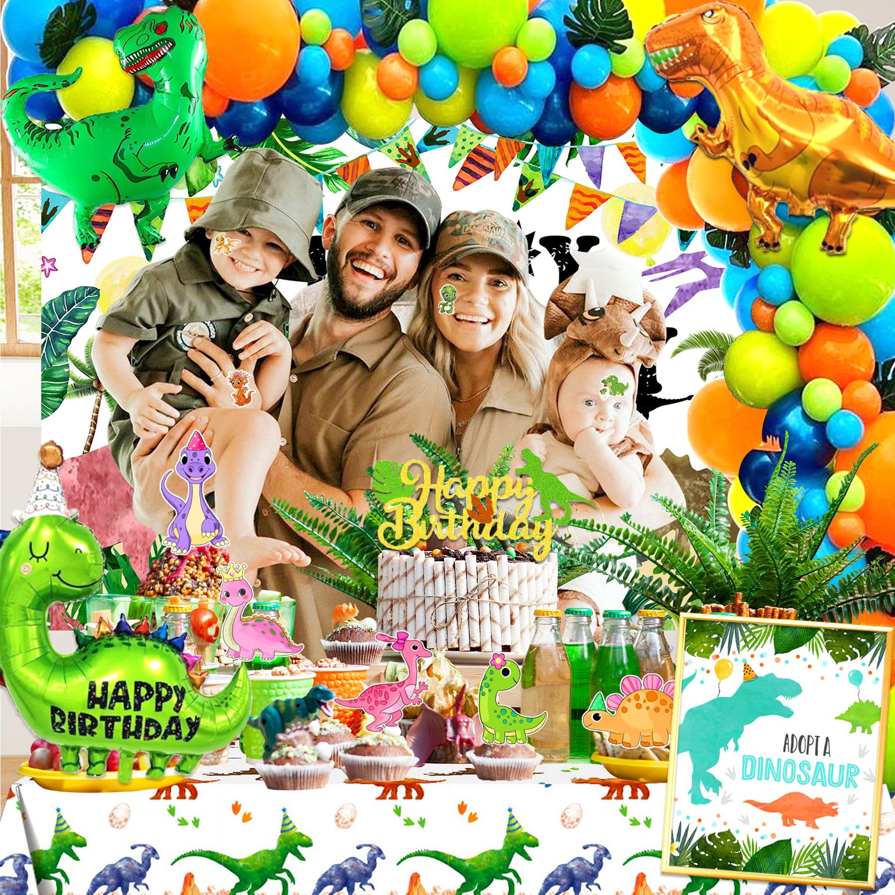 115pcs Dinosaur Birthday Party Decorations Supplies Boy, Dinosaur Cake Topper,Dinosaur Balloons Kit,Dinosaur Cupcake Toppers Backdrop for Dinosaur Party Decorations Favors, Dino Themed Birthday Party