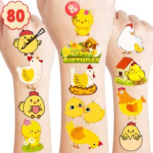 chicken temporary tattoos sticker for kids 8 sheet (80 pcs) yellow farm themed birthday party decorations supplies favors gifts ideas for girls boys baby showers cute fake tattoo classroom reward