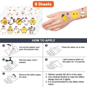 Chicken Temporary Tattoos Sticker for Kids 8 Sheet (80 Pcs) Yellow Farm Themed Birthday Party Decorations Supplies Favors Gifts Ideas for Girls Boys Baby Showers Cute Fake Tattoo Classroom Reward