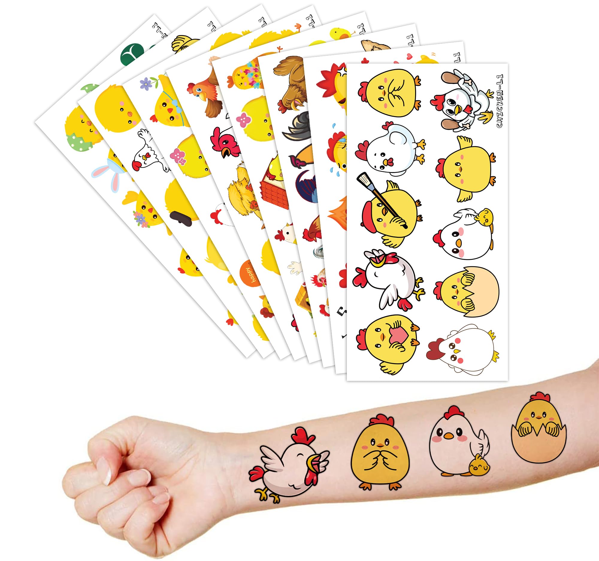 Chicken Temporary Tattoos Sticker for Kids 8 Sheet (80 Pcs) Yellow Farm Themed Birthday Party Decorations Supplies Favors Gifts Ideas for Girls Boys Baby Showers Cute Fake Tattoo Classroom Reward