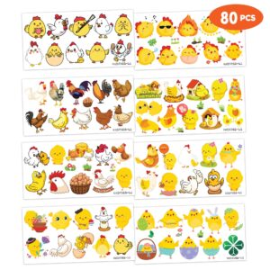 Chicken Temporary Tattoos Sticker for Kids 8 Sheet (80 Pcs) Yellow Farm Themed Birthday Party Decorations Supplies Favors Gifts Ideas for Girls Boys Baby Showers Cute Fake Tattoo Classroom Reward