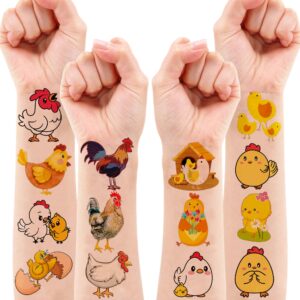 Chicken Temporary Tattoos Sticker for Kids 8 Sheet (80 Pcs) Yellow Farm Themed Birthday Party Decorations Supplies Favors Gifts Ideas for Girls Boys Baby Showers Cute Fake Tattoo Classroom Reward