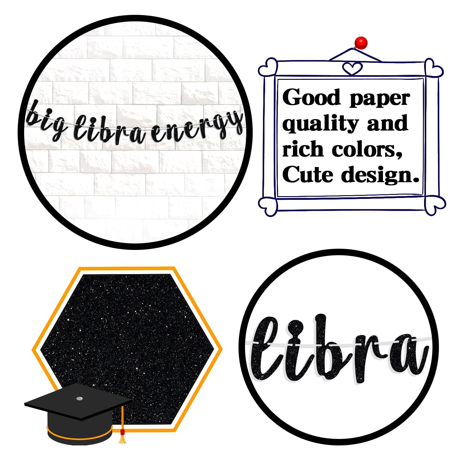 Big Libra Energy Banner, Happy Birthday Libra Bunting Sign, 12 Constellation Zodiac Theme Birthday Party Decorations Supplies for Boy and Girl, Black Glitter