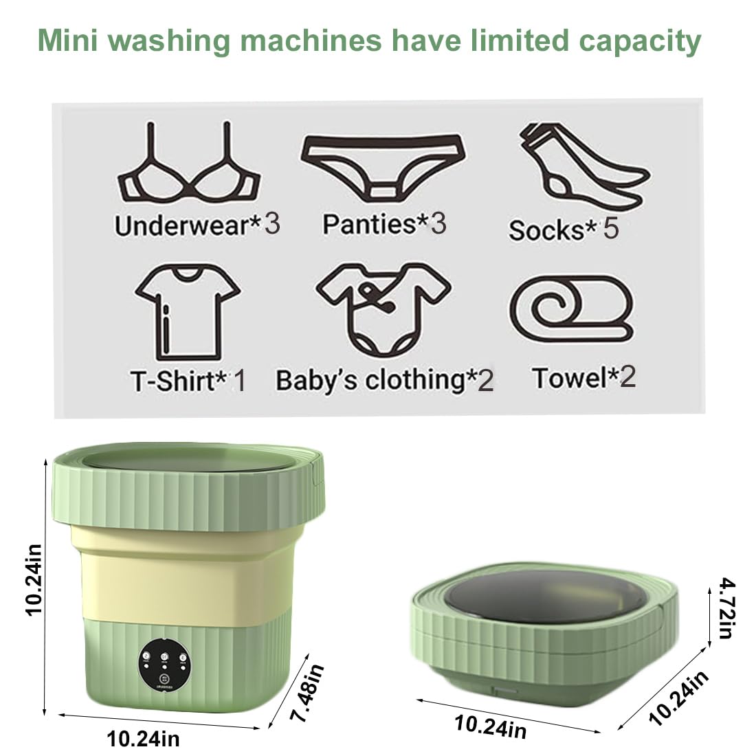 Portable Washing Machine, Foldable Mini Washing Machine, Small Washing Machine for Underwear, Baby Clothes, or Small Items, Suitable for Apartments, Dormitories, Camping, Travel (6 Liters),Green