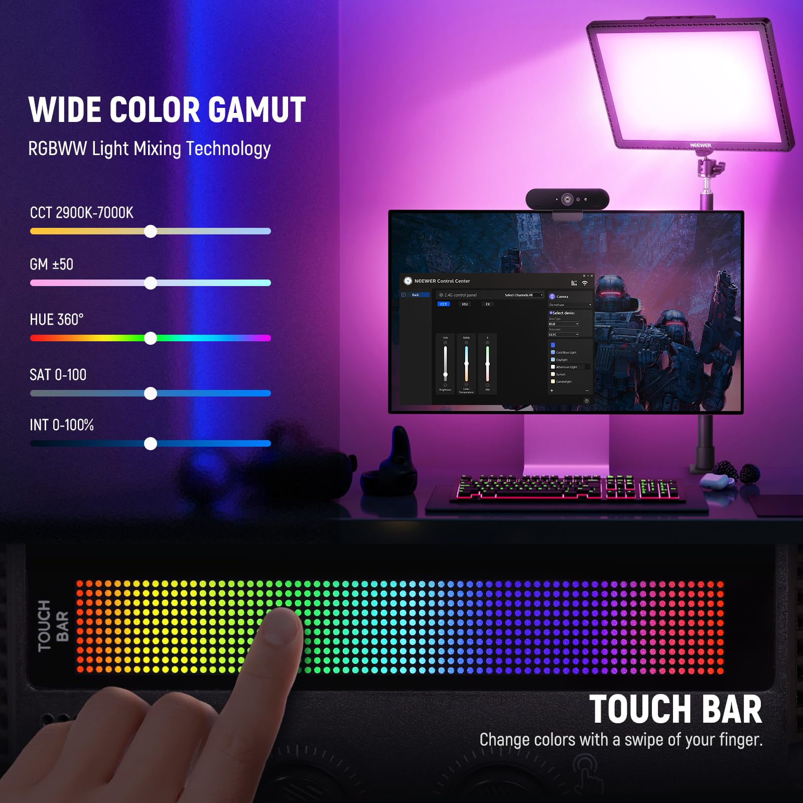 NEEWER GL1C RGB 15.5" Key Light, 48W Edge Lit Soft LED Video Panel Streaming Gaming Lighting with 2.4G PC/Mac iOS/Android APP/WiFi/Stream Deck Control, Touch Bar, 2900K-7000K, Music Sync, 18 Scenes