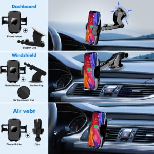 TAPMEI Car Phone Holder [Military-Grade Suction & Clip] 3 in 1 Phone Mount for Car Dashboard Windscreen Air Vent Compatible with All Cell Phones(Black)