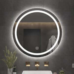 YVYKFZD Round Bathroom Mirrors, Bathroom Vanity Mirror with Tri-Color LED Lights, Hanging Large Wall Mirror with Smart Touch Button, Anti-Fog, Time Display Function (Color : A, Size : 90x90cm(35.4x3