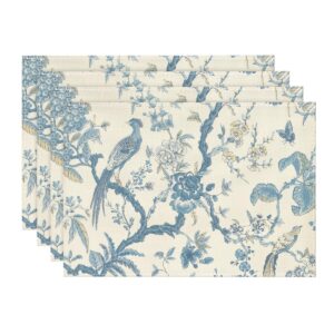 artoid mode bird floral leaves chinoiserie placemats set of 4, 12x18 inch branches spring table mats for party kitchen dining decoration