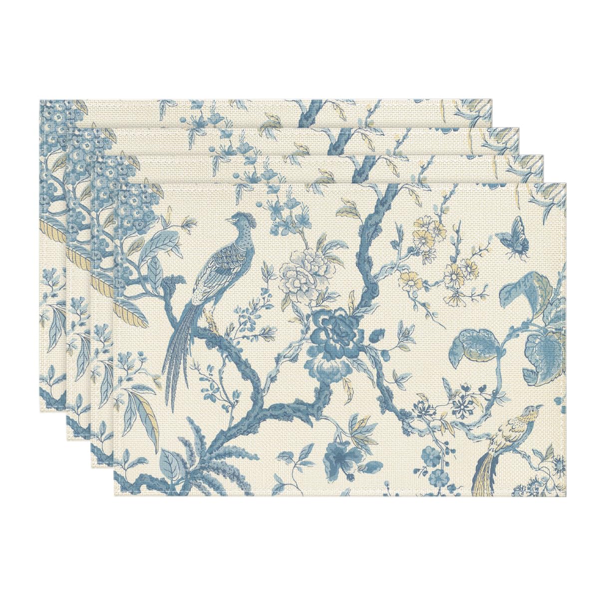 Artoid Mode Bird Floral Leaves Chinoiserie Placemats Set of 4, 12x18 Inch Branches Spring Table Mats for Party Kitchen Dining Decoration