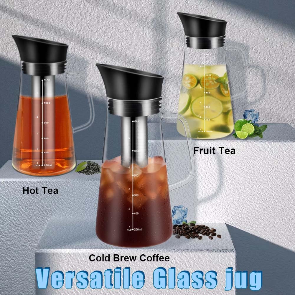 Glass Teapot Large Multi, 1400ml Borosilicate Clear Tea Kettle with Removable 304 Stainless Steel Fine Mesh Infuser, Cold Brew Coffee Iced Hot Tea Maker, Cold Brew Tea and Fruit Infused Water