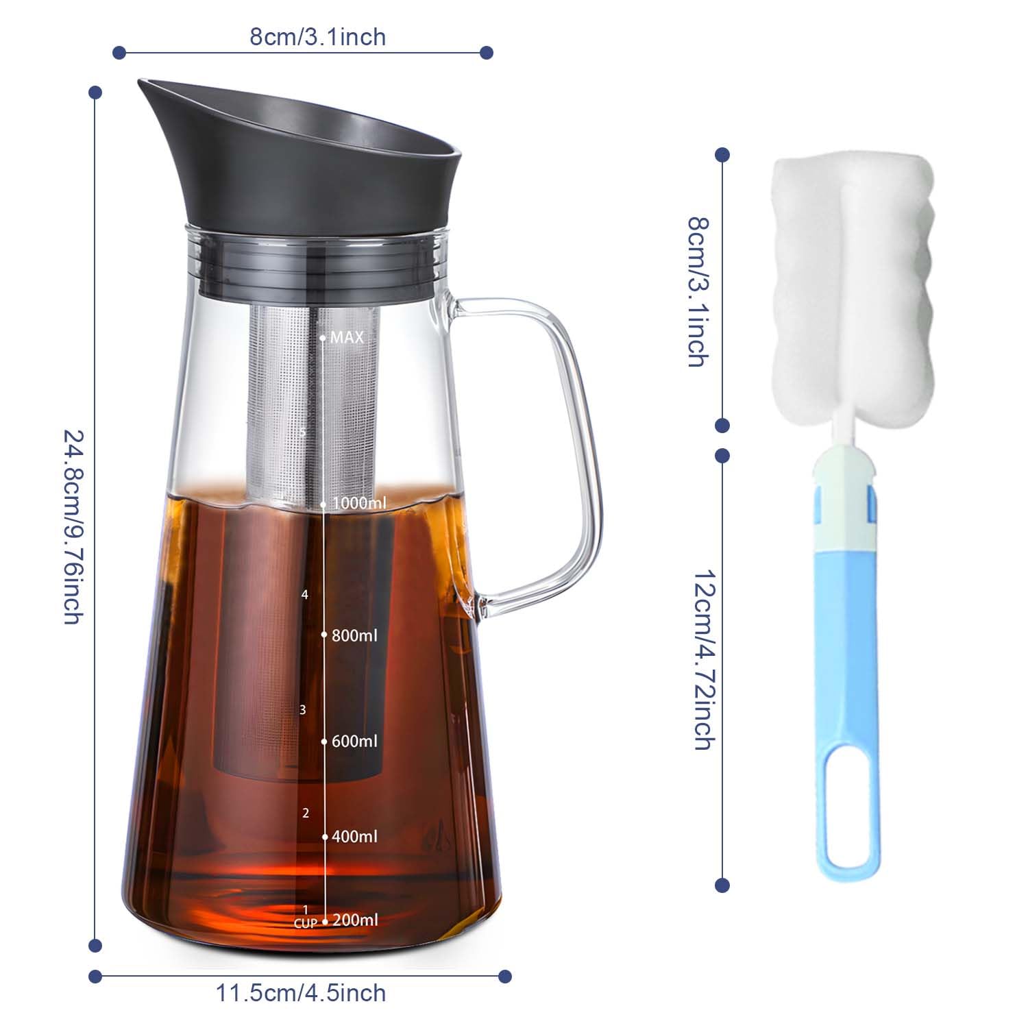 Glass Teapot Large Multi, 1400ml Borosilicate Clear Tea Kettle with Removable 304 Stainless Steel Fine Mesh Infuser, Cold Brew Coffee Iced Hot Tea Maker, Cold Brew Tea and Fruit Infused Water