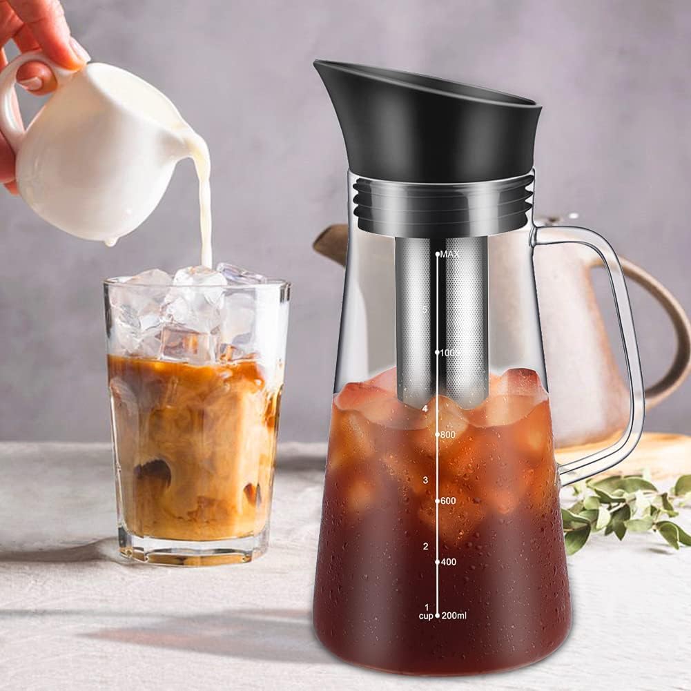 Glass Teapot Large Multi, 1400ml Borosilicate Clear Tea Kettle with Removable 304 Stainless Steel Fine Mesh Infuser, Cold Brew Coffee Iced Hot Tea Maker, Cold Brew Tea and Fruit Infused Water